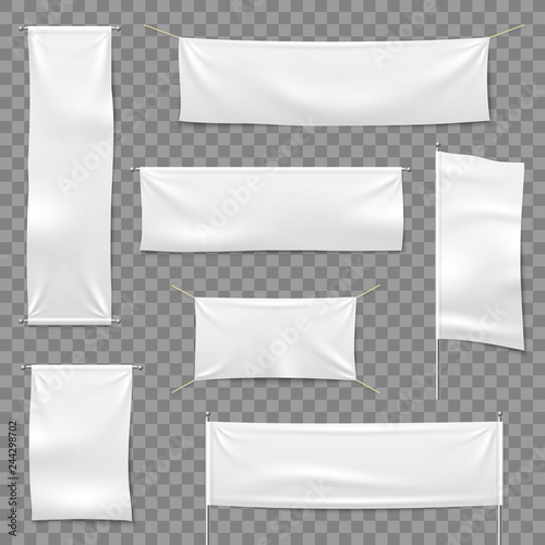 Textile advertising banners. Flags and hanging banner, blank fabric white horizontal cloth sign, textile ribbons vector