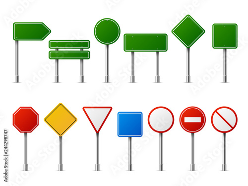 Traffic road realistic signs. Signage signal warning sign stop danger caution speed highway empty parking street board