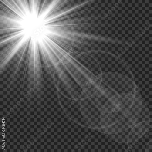 Sunlight isolated. Sun rays light lens flare glare. White transparent sunshine starburst vector illustration