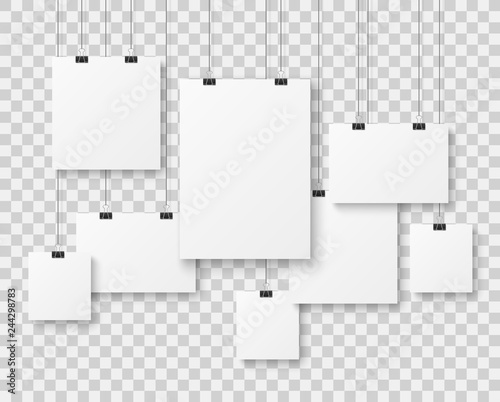 Blank picture gallery. Presentation paper posters, photo canvas clean advertising hanging banner on strings vector
