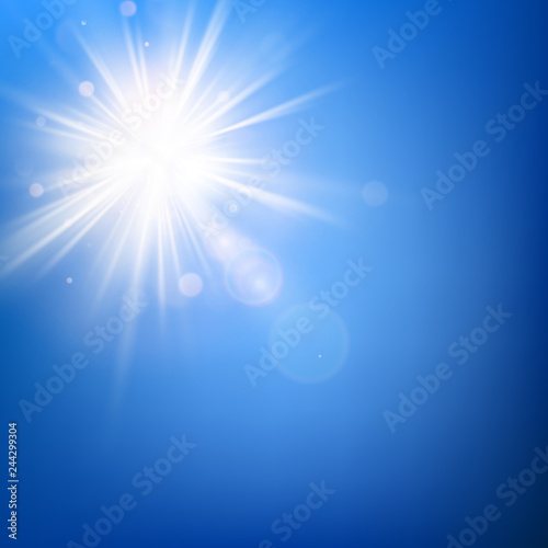 Summer blue sky template and hot summer sun rays burst with lens flare. EPS 10