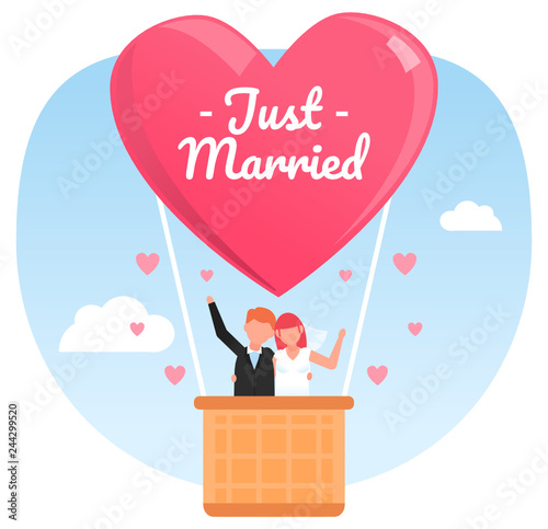 Just married couple flying in heart shaped air balloon. Poster for social media, web page, banner, presentation. Flat design vector illustration