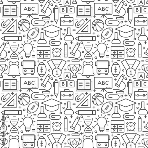 Education and science seamless pattern with icons in thin line style