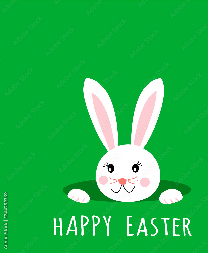 Easter greeting card with text happy easter and cute bunny rabbit looking from the hole in grass, green background. Vector eps10 illustration, flat kawaii style Easter greeting card with text happy easter and cute bunny rabbit looking from the hole in grass, green background. Vector eps10 illustration, flat kawaii style