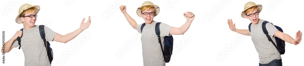 Young boy in cork helmet with backpack Young boy in cork helmet with backpack