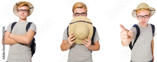 Young boy in cork helmet with backpack 