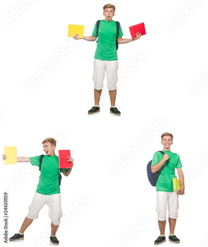 Young student with backpack and notes isolated on white 