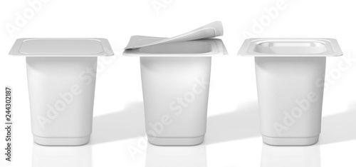Three plastic cups for yoghurt with foil lid. 3D Illustration.