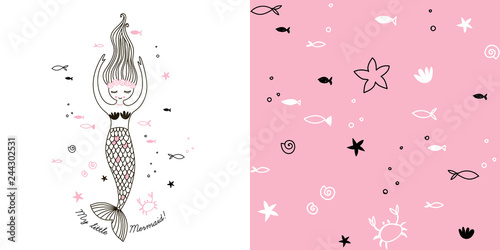 Girlish Sea themed graphic set with Little cute cartoon mermaid illustration and seamless underwater pattern with funny fish, starfish, various shells and crab. Doodle linear drawing. Pink colour