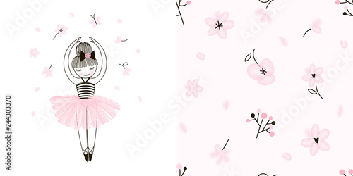 Girlish Ballet themed graphic set with Little cute cartoon dancing ballerina illustration and seamless gentle floral pattern. Doodle linear drawing. Pink colour. Perfect for baby girl fabric, textile