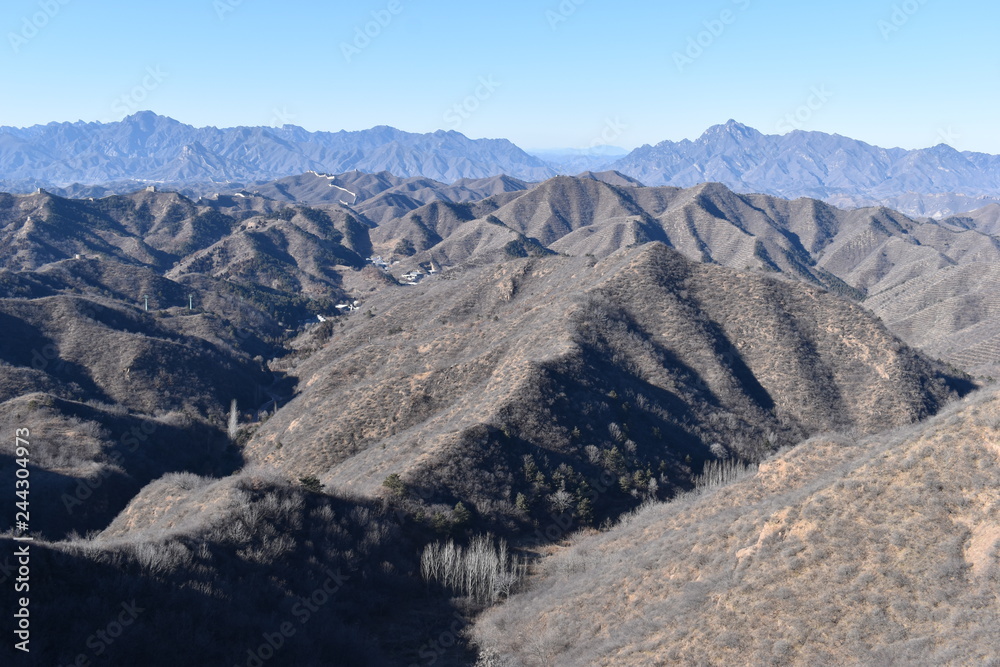 Mountainous landscape at the Great Wall in Jinshanling in winter near Beijing in China