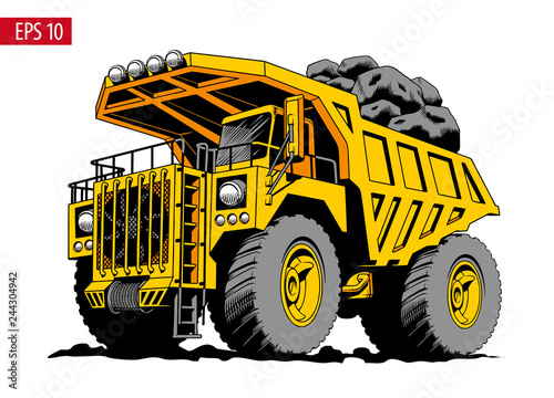 Big heavy yellow mining truck or dumper. Vector illustration.