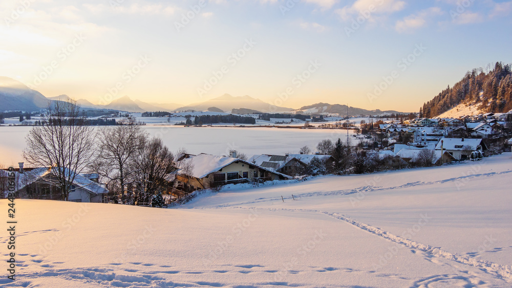 winter landscape at the lake and sunset winter landscape at the lake and sunset