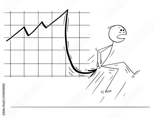 Cartoon stick man drawing conceptual illustration of businessman stabbed in bottom by falling financial chart or graph.