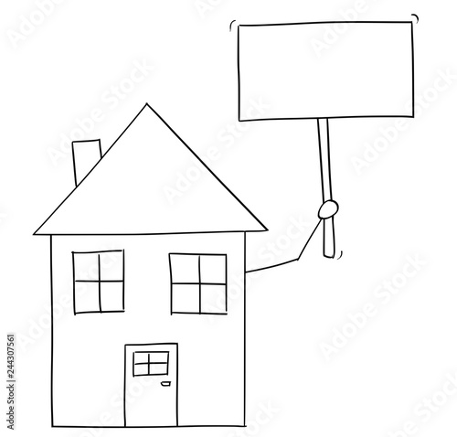 Cartoon vector conceptual drawing of family house holding empty sign for your text.
