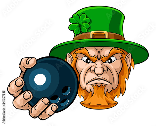 A leprechaun bowling sports mascot holding a ball 