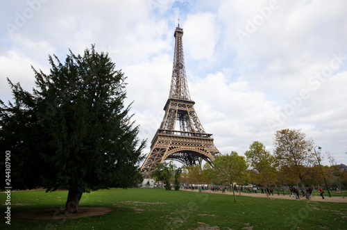 Paris / France - October 28 / 2017: Front view of Eiffel tower at a cloudy day