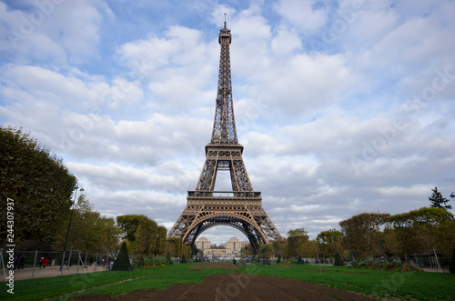 Paris   France - October 28   2017  Front view of Eiffel tower at a cloudy day