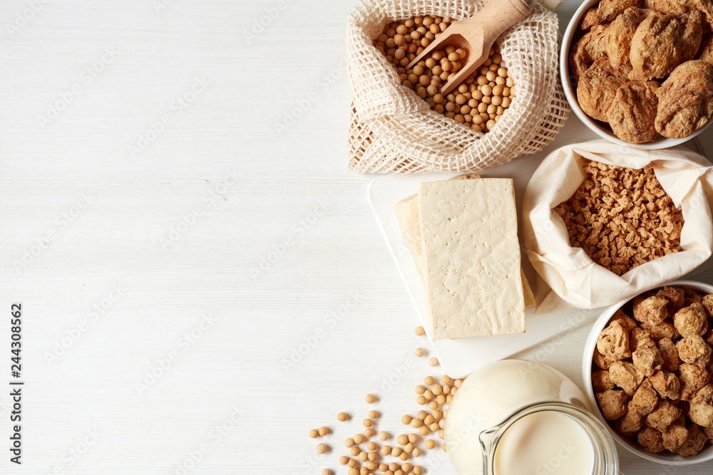 Soy products isolated on white background, from above Soy products isolated on white background, from above