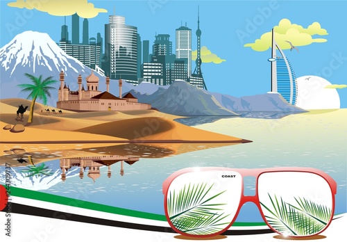 Landscape - Arab coast. Sand dunes. Camel caravan in the desert. The mountain ridge.