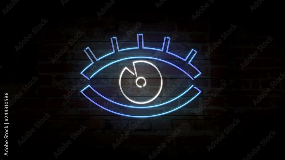 Eye neon modern symbol on brick wall. Flicker watching sign on brick ...