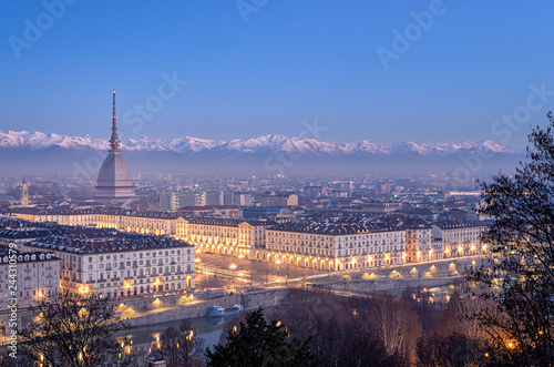 Turin high definition panorama with Mole Antonelliana and snowy Alps