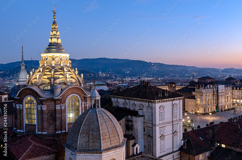 Turin skyline with Mole Antonelliana and Guarini Cathedral dome