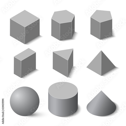 Set of geometric shapes in isometric, vector geometric figure template, isolated on white background