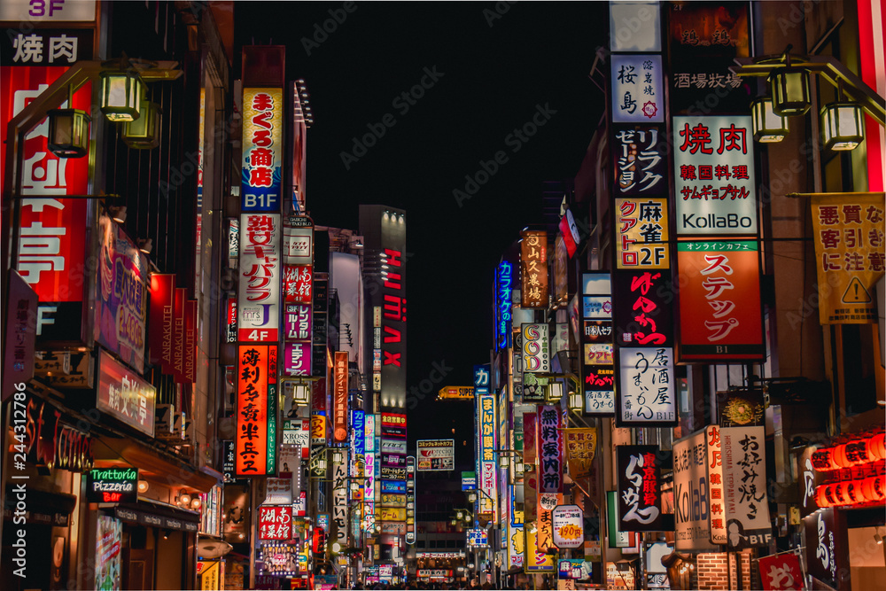 Colorful neon advertisement boards, Kabukicho Shinjuku, Tokyo, Japan