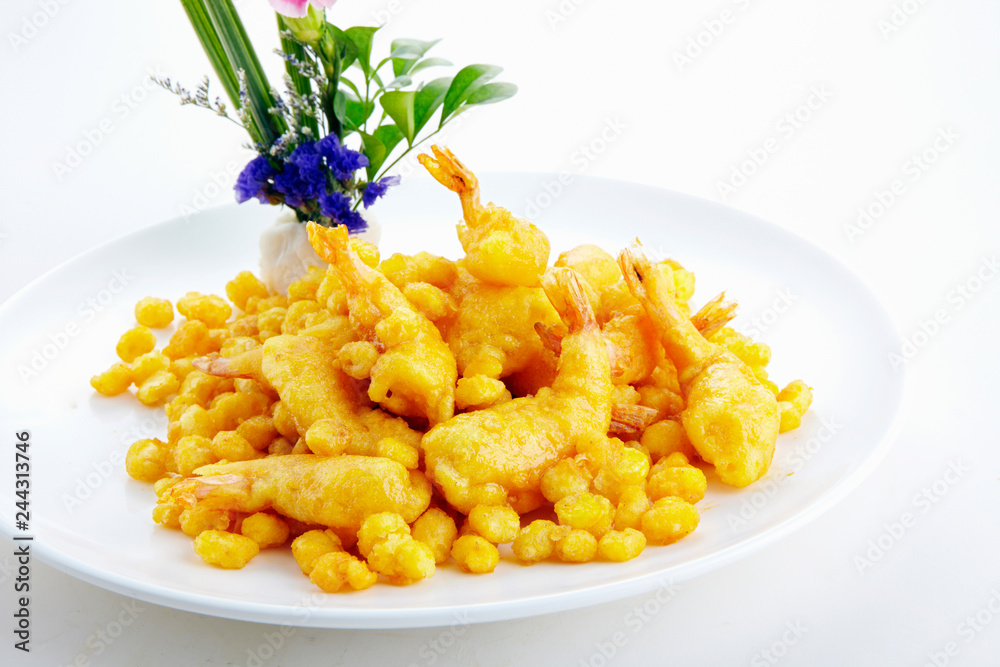 Delicious Chinese cuisine, fried corn shrimp Delicious Chinese cuisine, fried corn shrimp