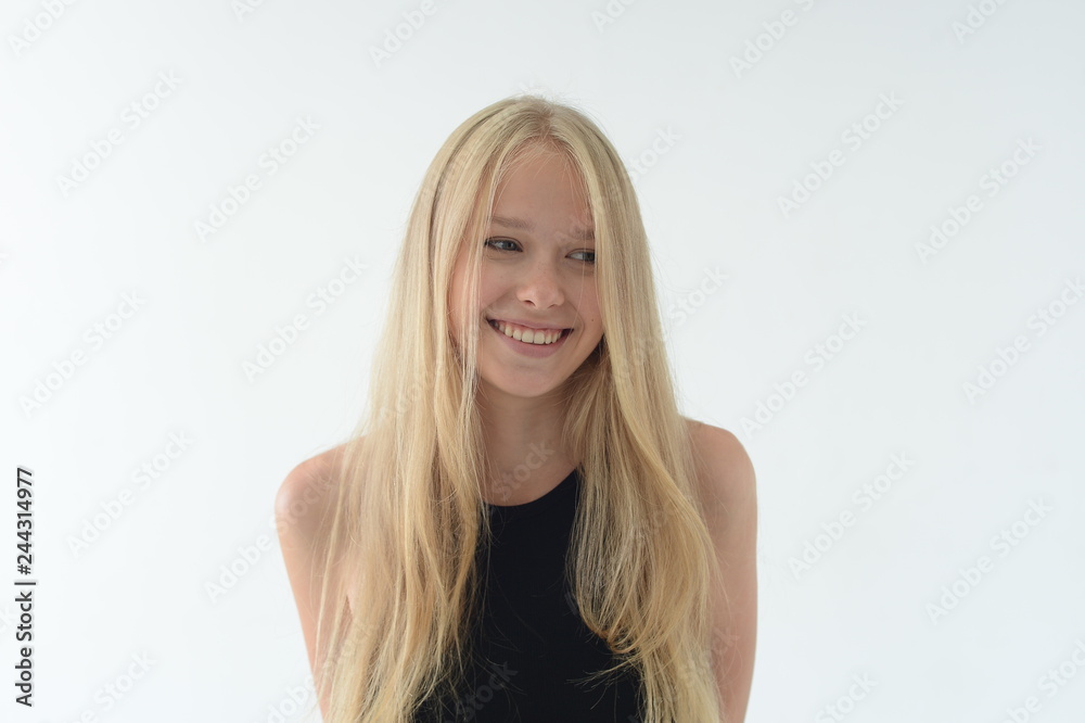 girl in black swimsuit with white hair smiling and showing emotions in the Studio