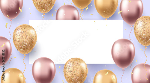 Elegant holiday design with realistic flying balloons. Party, celebration, festival background. Greeting banner with helium shine rose-gold and gold balloons and confetti. 