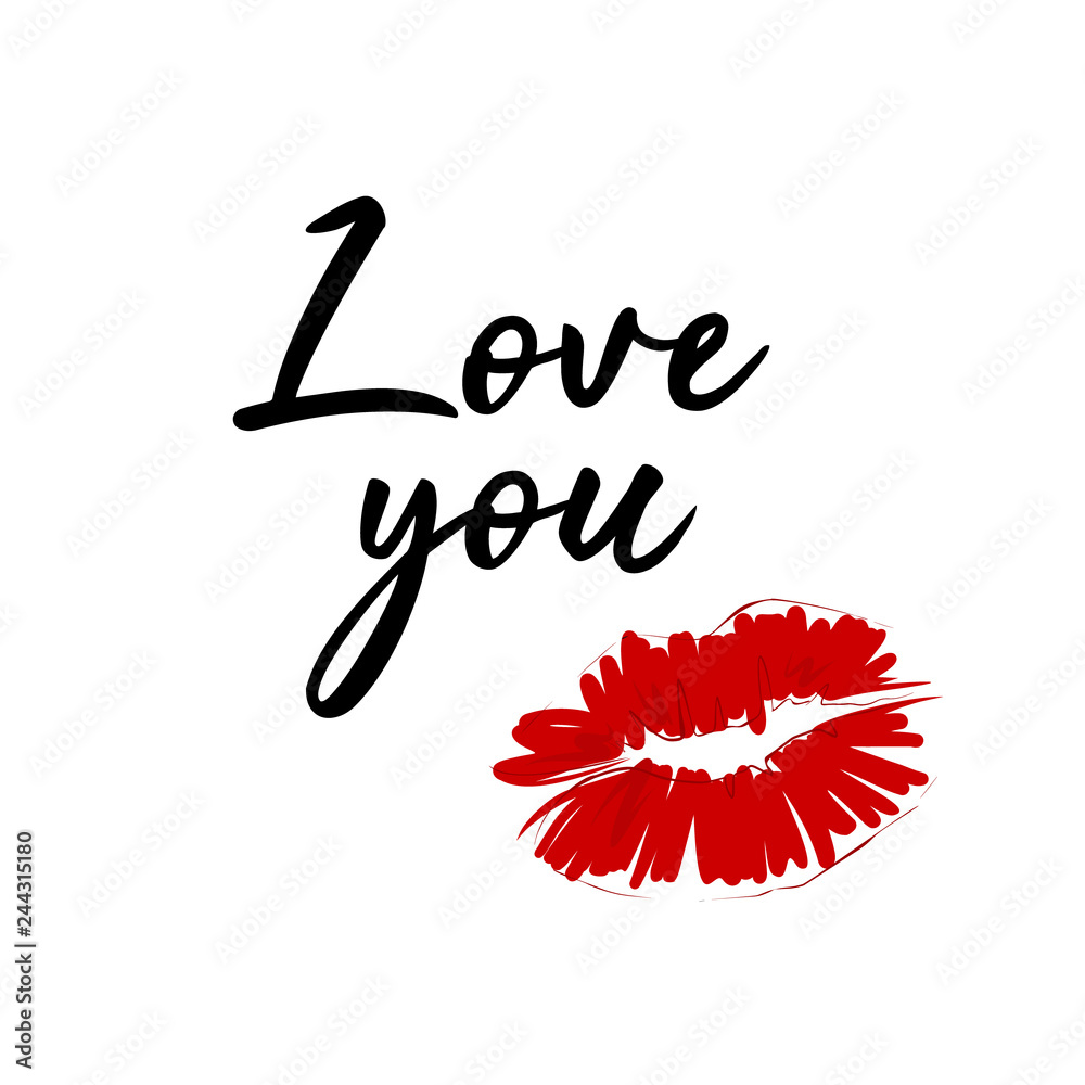 Love you sign with red lips print. Romantic typography elements ...