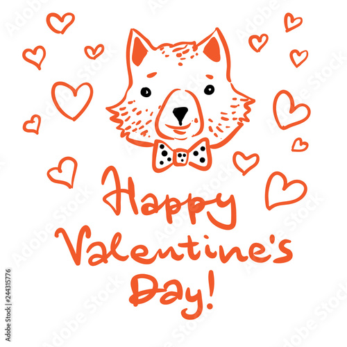 Happy Valentine's day. Postcard with a fox and hand lettering