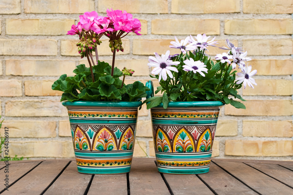 Two Flowerpots on the Table in the Garden against brick wall Two Flowerpots on the Table in the Garden against brick wall