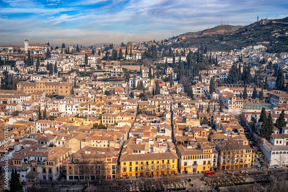 Granada city panorama. Panoramic view of the old quarter Albaicin, the historical city center of Granada ,Andalucia, Spain