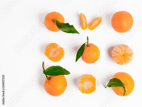 Christmas mandarin or tangerines seamless pattern. Isolated on white with clipping path. Top view or flat-lay. Copy space.