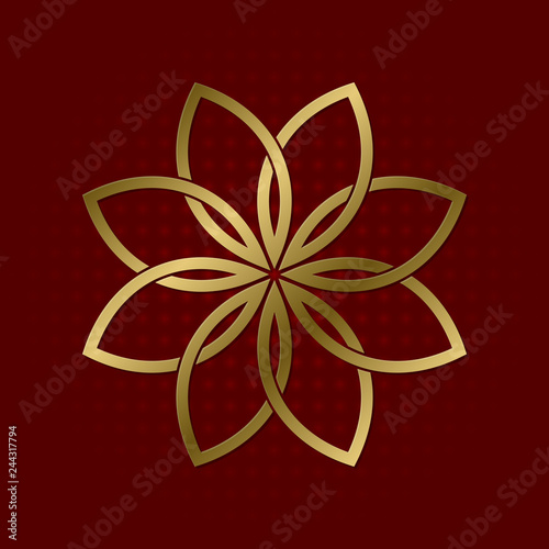 Sacred geometric symbol of eight flower petals plexus. Golden mandala logo.