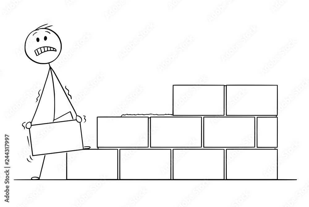 Cartoon stick drawing conceptual illustration of mason or bricklayer  building a wall from bricks or stone blocks. Stock Vector | Adobe Stock