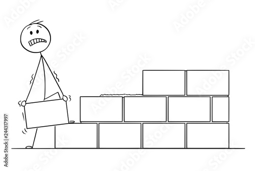 Cartoon stick drawing conceptual illustration of mason or bricklayer building a wall from bricks or stone blocks.