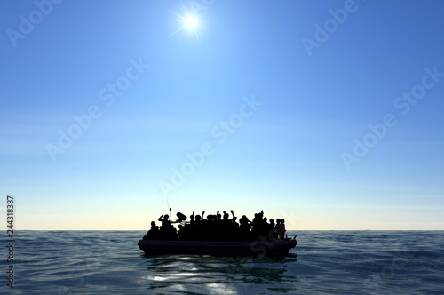 Profughi su un grande gommone in mezzo al mare che richiedono aiuto. Mare con persone in acqua che chiedono aiuto. Migranti che attraversano il mare photo