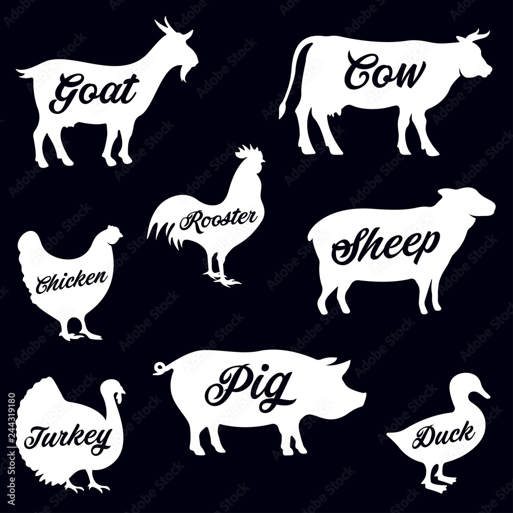 Set of butchery logo. Farm animals silhouettes collection for groceries,  meat stores, packaging and advertising. Beef, pork, chicken, milk labels.  Stock Vector | Adobe Stock