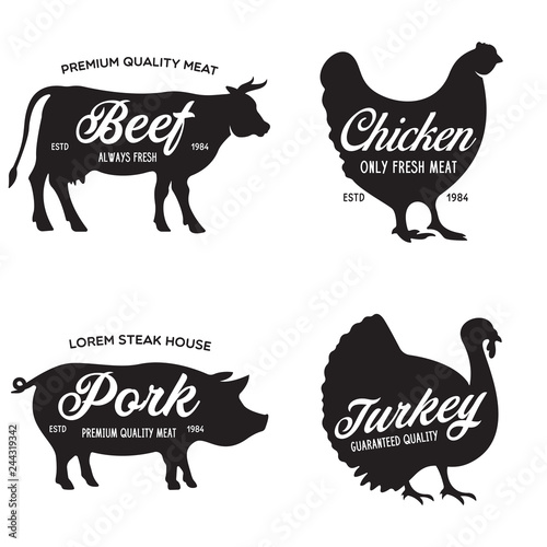 Farm animals icons set. Collection of labels with beef, chicken, pork, turkey, butcher shop, steak house.