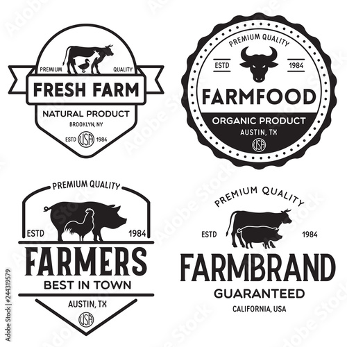 Farmers market logo templates stamps labels badges set. Trendy retro style logotypes, farm natural organic products food, animals, beef, goat, hen and pig silhouettes.