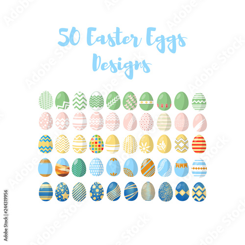 Happy Easter. Set of 50 Easter eggs with different texture on a white background. Concept of Spring holiday.