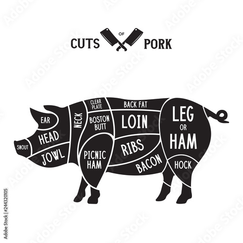 Meat cuts - pork. Diagrams for butcher shop. Scheme of pork. Animal silhouette pork. Guide for cutting.