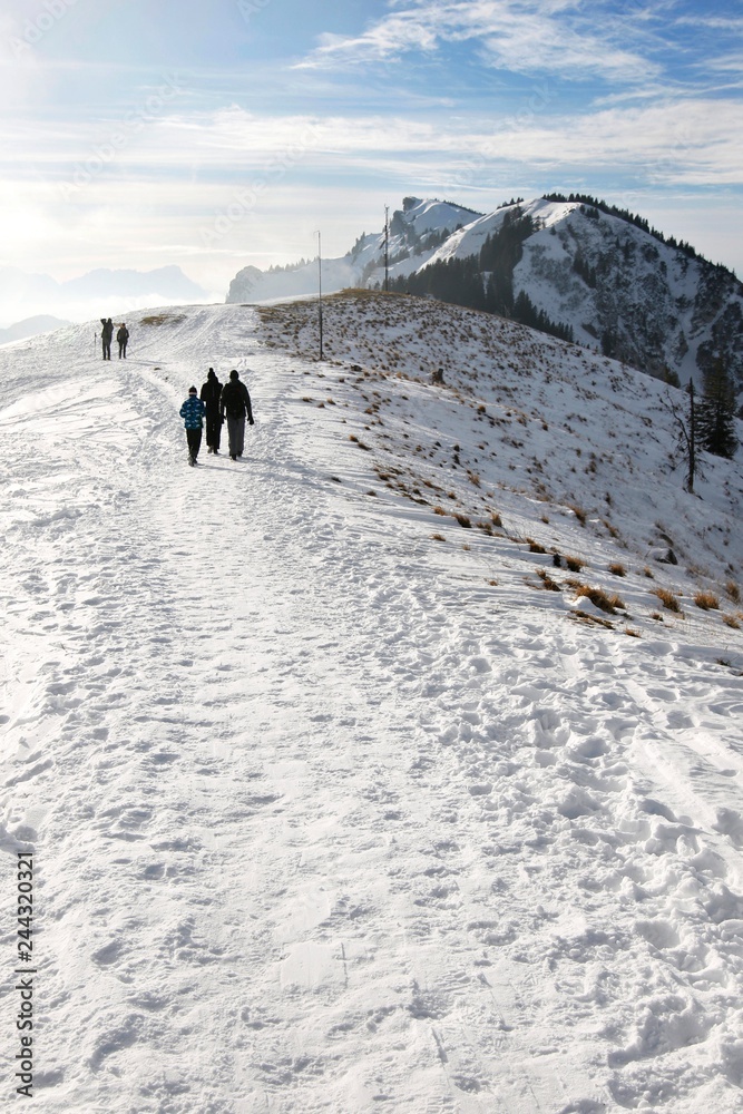 Fototapeta premium People walking down the path in the mountains in winter