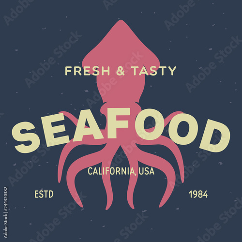 Seafood restaurant logo template badge label vector illustration. Market and fisherman emblem, fishes and seafood silhouette.