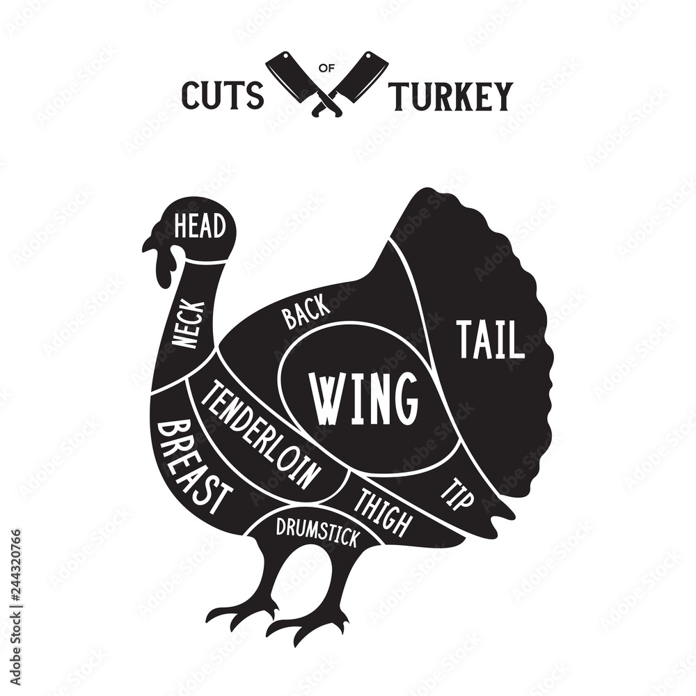 Meat cuts turkey. Diagrams for butcher shop. Scheme of turkey. Animal silhouette turkey. Guide