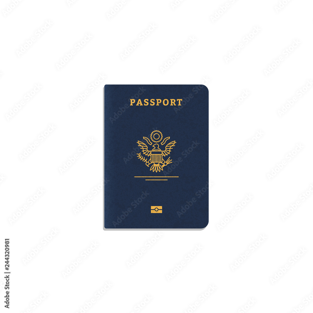 Front view of blue passport cover. Golden lines and text, bird logo and leather texture. Real passport vector illustration. International id document. Immigration on citizenship banner. Front view of blue passport cover. Golden lines and text, bird logo and leather texture. Real passport vector illustration. International id document. Immigration on citizenship banner.